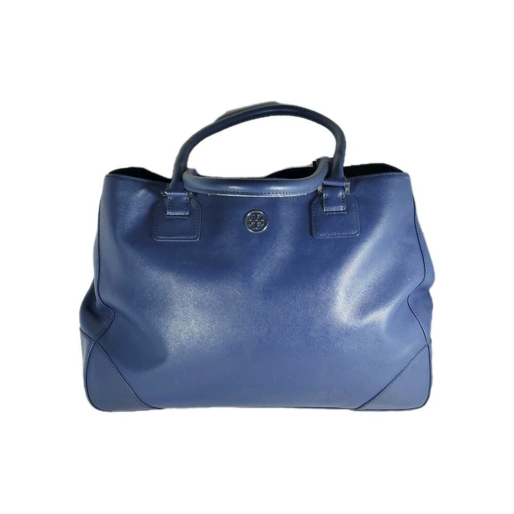 Tory Burch Robinson East West Blue Leather Large Top Handle Tote Bag Handbag